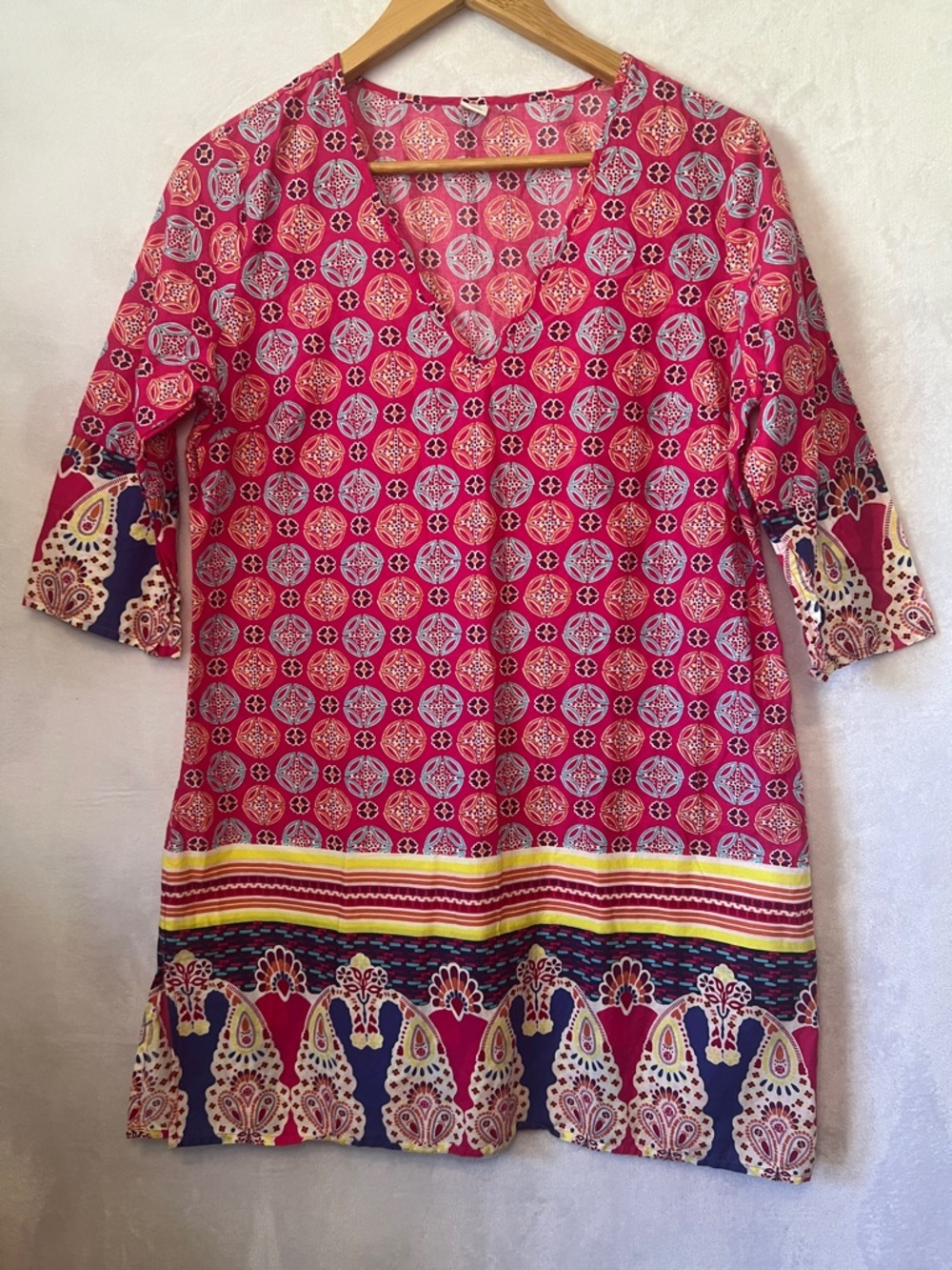 Pink Boho Print Shift Mini Dress 3/4 Sleeve Border Hem Tunic Cotton Med Festival